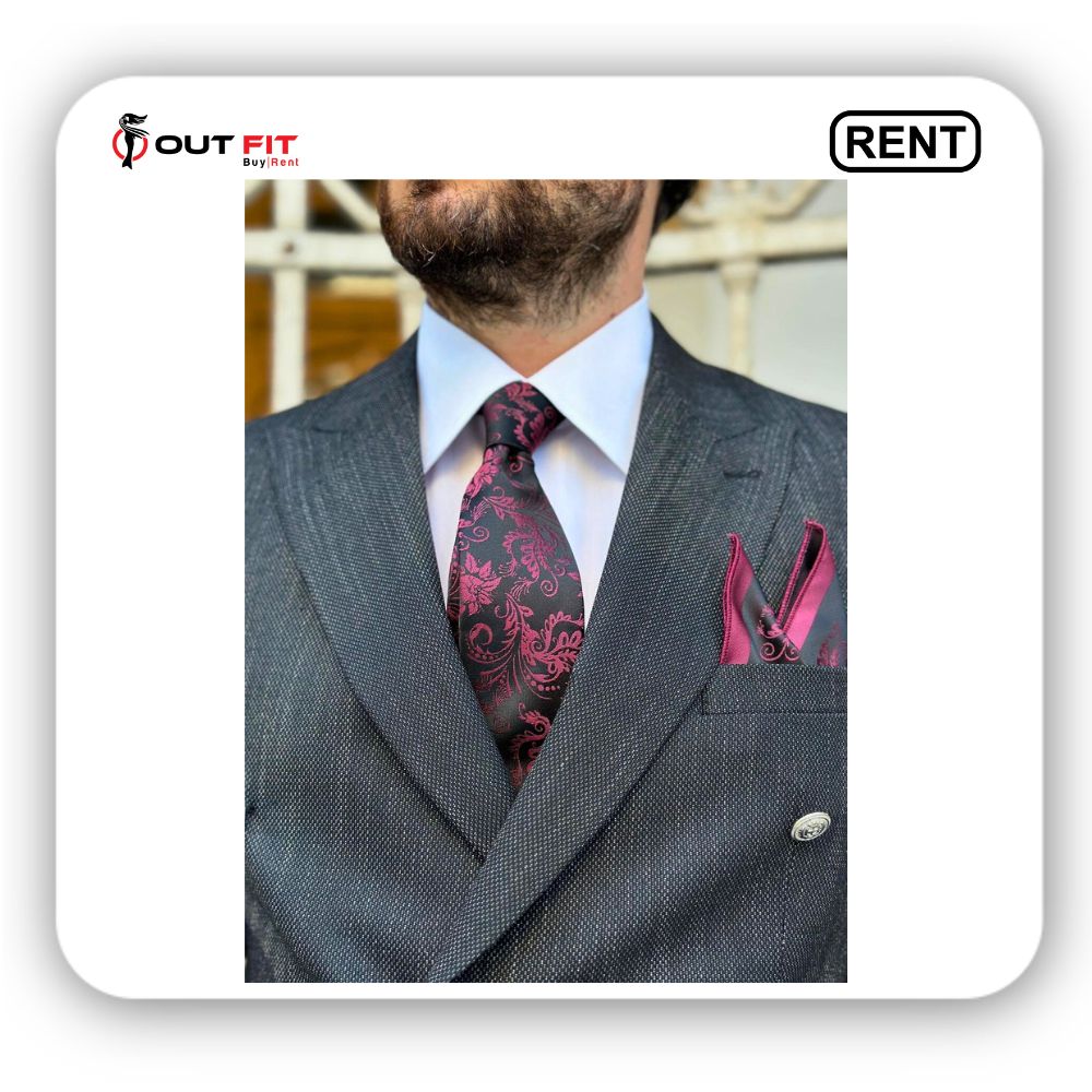 Black And Red Floral Tie And Pocket Square For Men On Rent in Bangalore