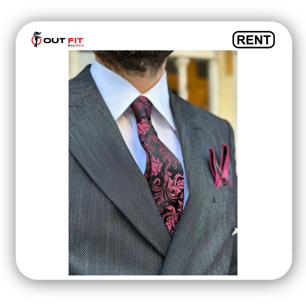 Black And Red Floral Tie And Pocket Square For Men On Rent