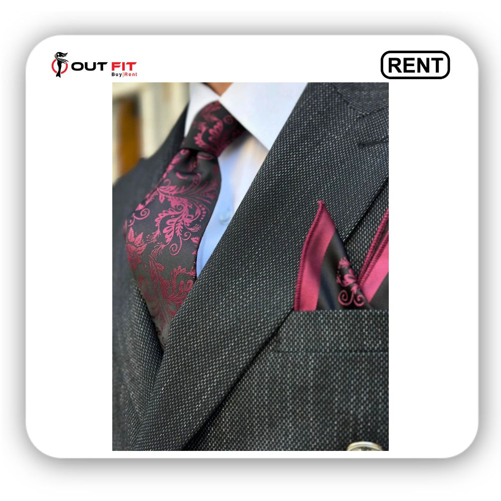 Black And Red Floral Tie And Pocket Square For Men On Rental