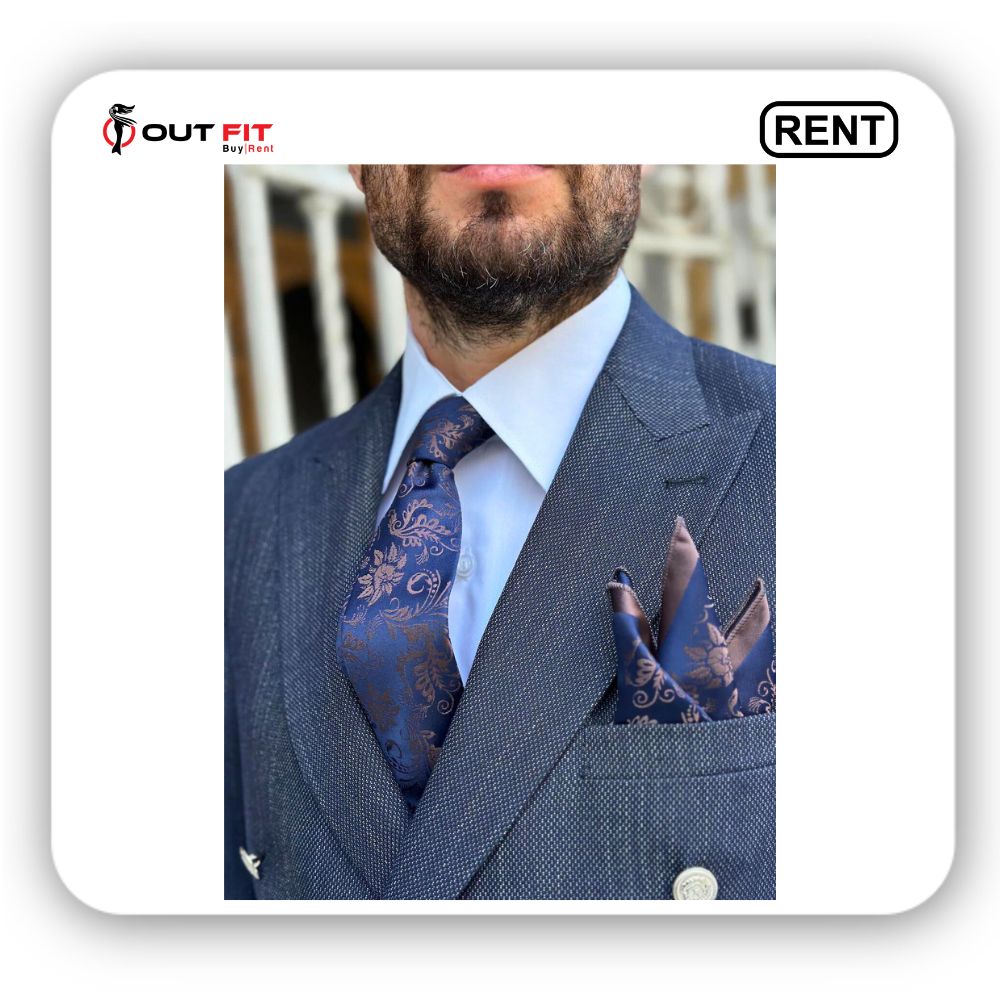 Floral Silky Navy And Milky Brown Tie Set On Rent in Bangalore