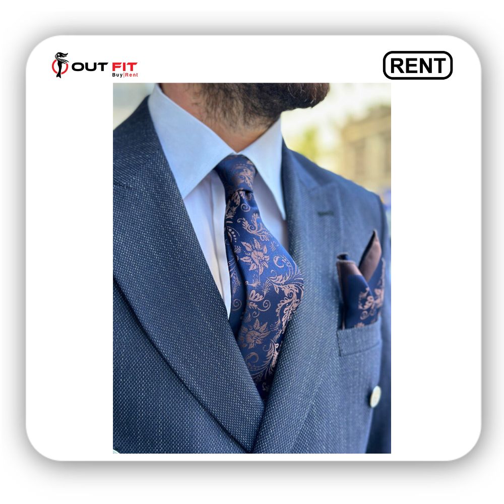 Floral Silky Navy And Milky Brown Tie Set For Men On Rent