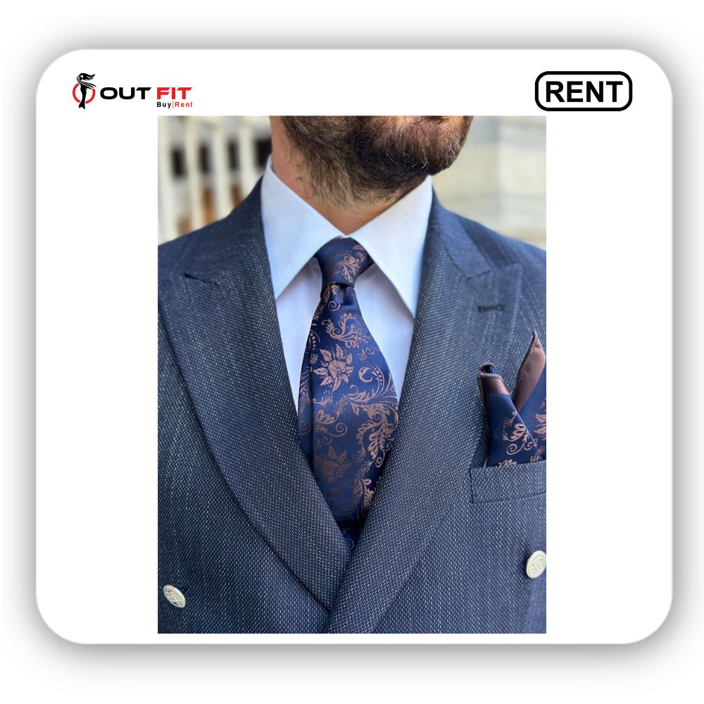 Floral Silky Navy And Milky Brown Tie Set On Rental