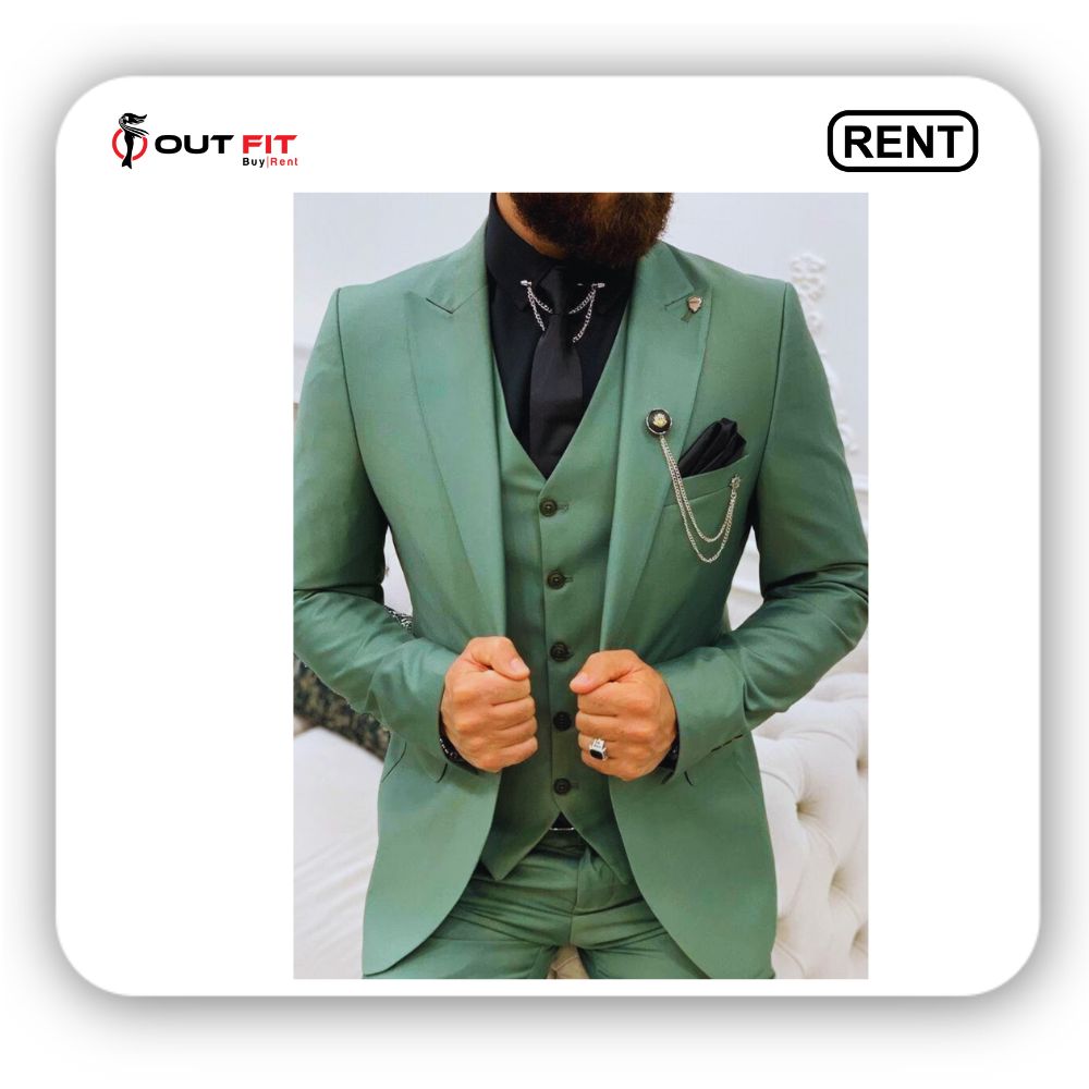 green 3 piece wedding suit on rent