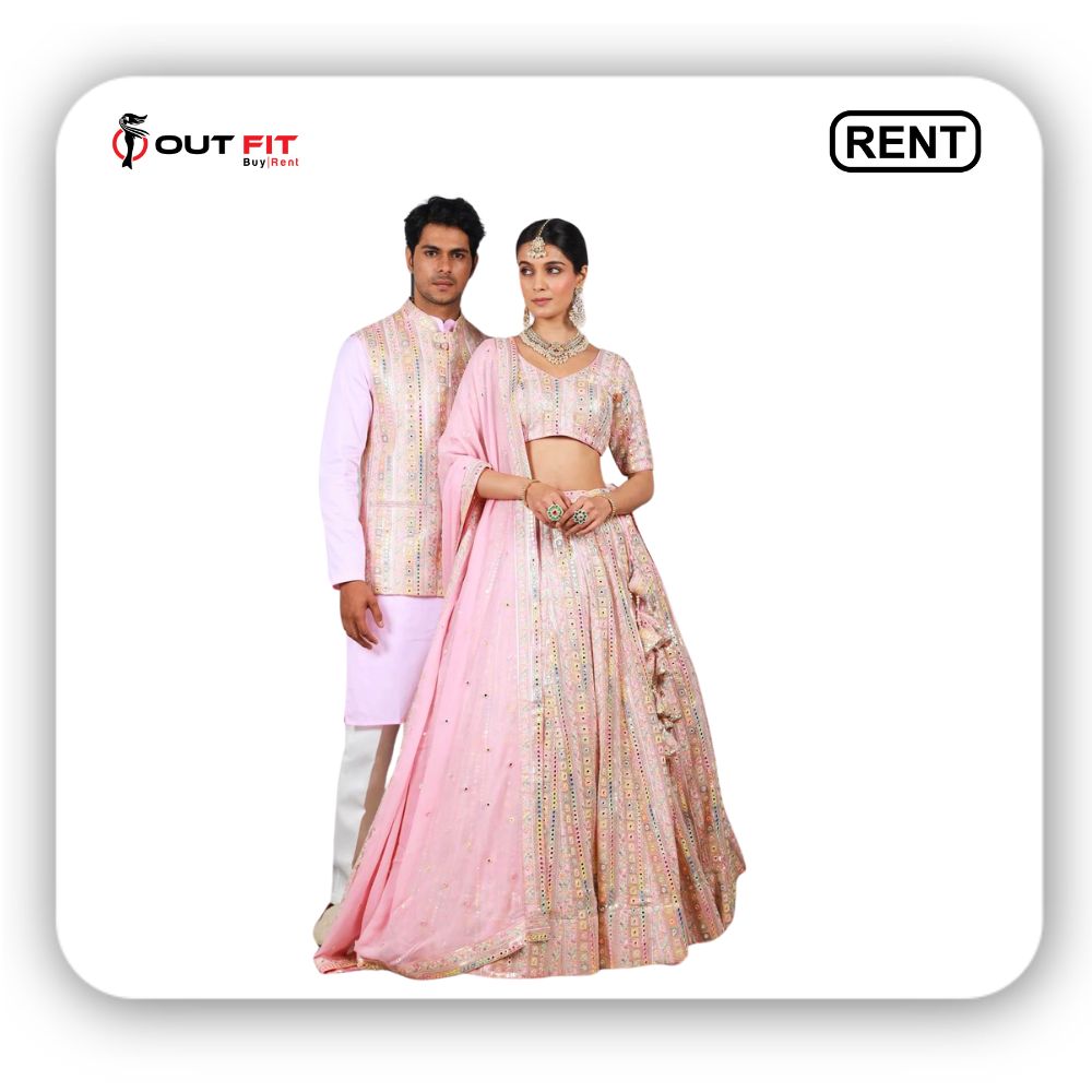 Embroidered Lehenga and Art Silk Kurta Set For Couples on Rent