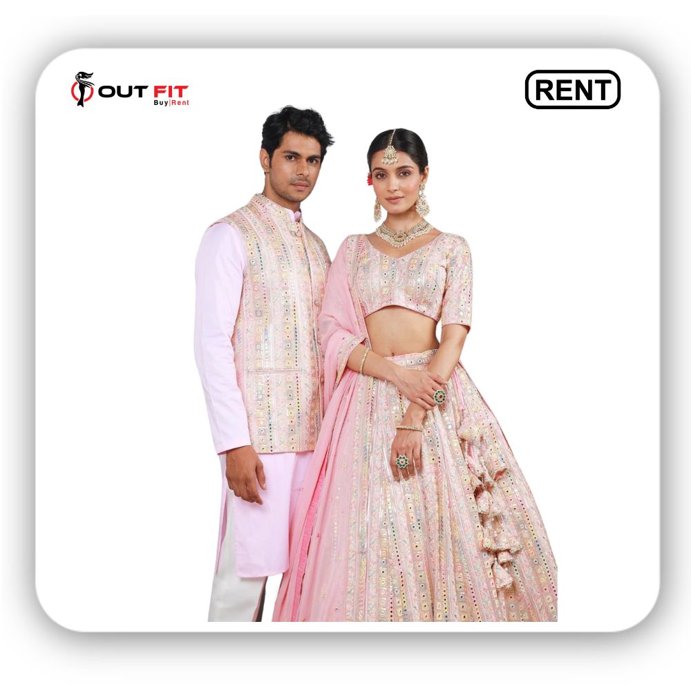 Embroidered Lehenga and Art Silk Kurta Set For Couples on Rent