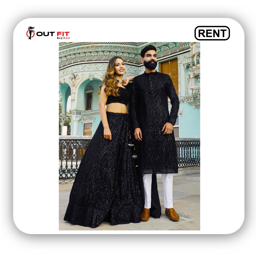 Rent Black Georgette Kurta Lehenga Couple Set