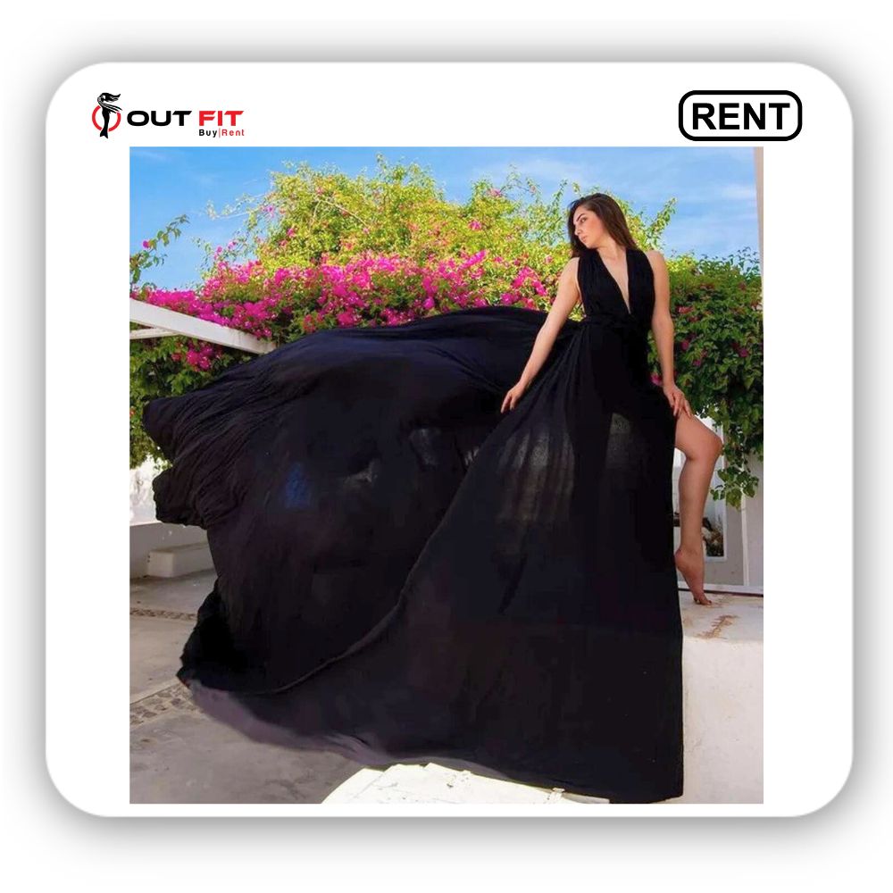 Rent Black Long Train Dress for Photoshoot Bangalore _ Outfit Rental Shop