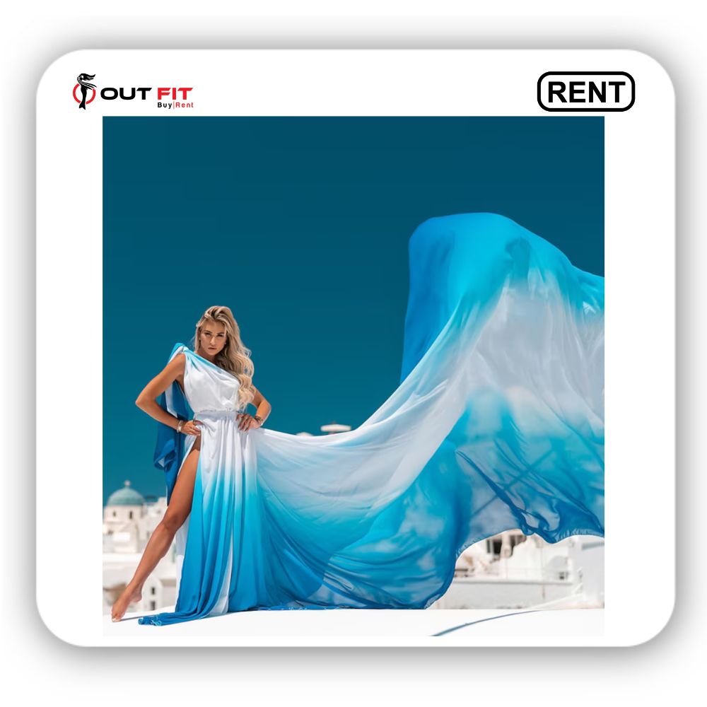 White and Blue Ombre Long Flying Dress On Rent