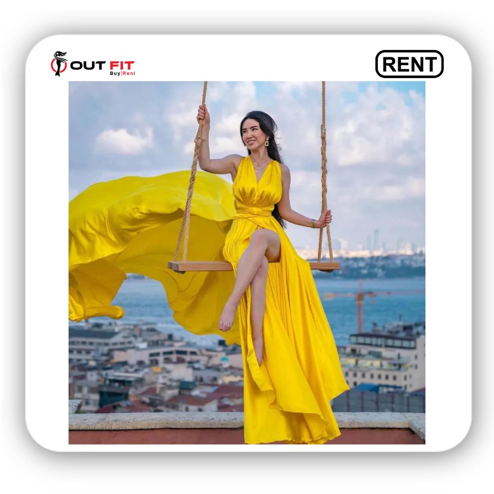 Yellow Photoshoot Long Train Dress On Rent In Bangalore