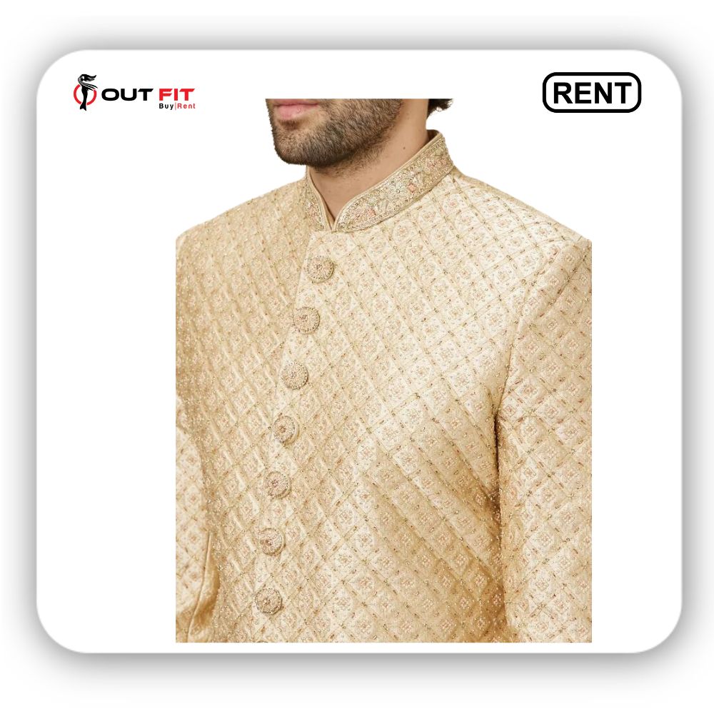 Antique Gold Stone Work Sherwani Set On Rent (2)