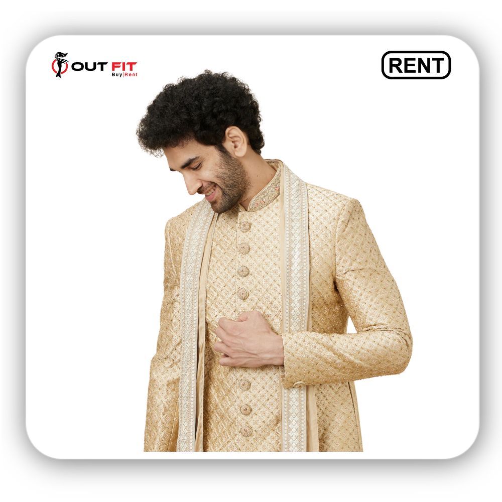 Antique Gold Stone Work Sherwani Set On Rent (3)