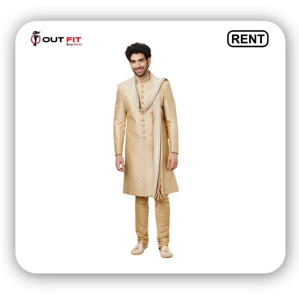 Rent Antique Gold Stone Work Sherwani Set in Outfit Rental Shop