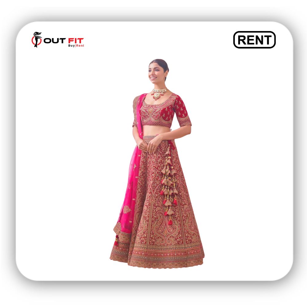 Aurora Red Floral and Paisley Lehenga For Wedding On Rent (3)