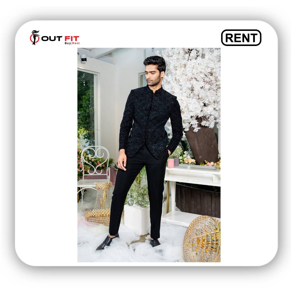 Rent Black Poly Blend Suiting Fabric Embroidered Bandhgala and Pant Set