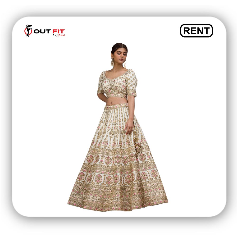 _Cannoli Cream Sequins Embroidered Raw Silk Bridal Lehenga on Rent