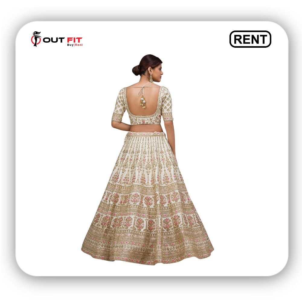 Cannoli Cream Sequins Embroidered Raw Silk Bridal Lehenga on Rent (3)