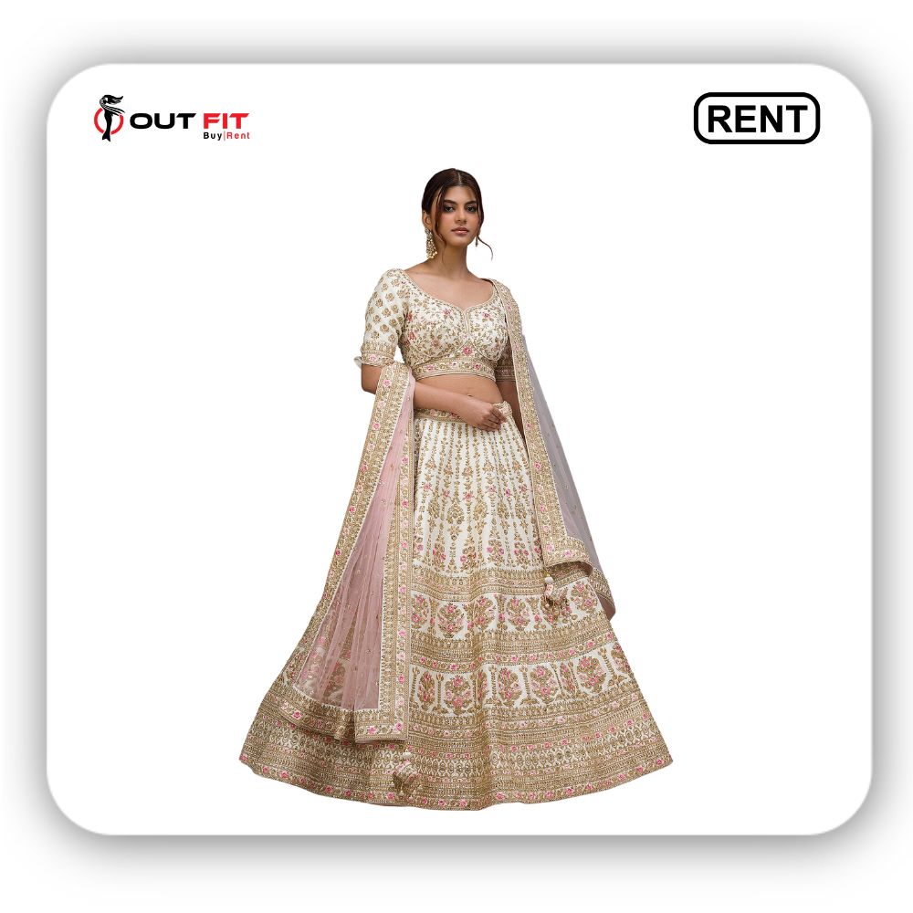 Cannoli Cream Sequins Embroidered Raw Silk Bridal Lehenga on Rent