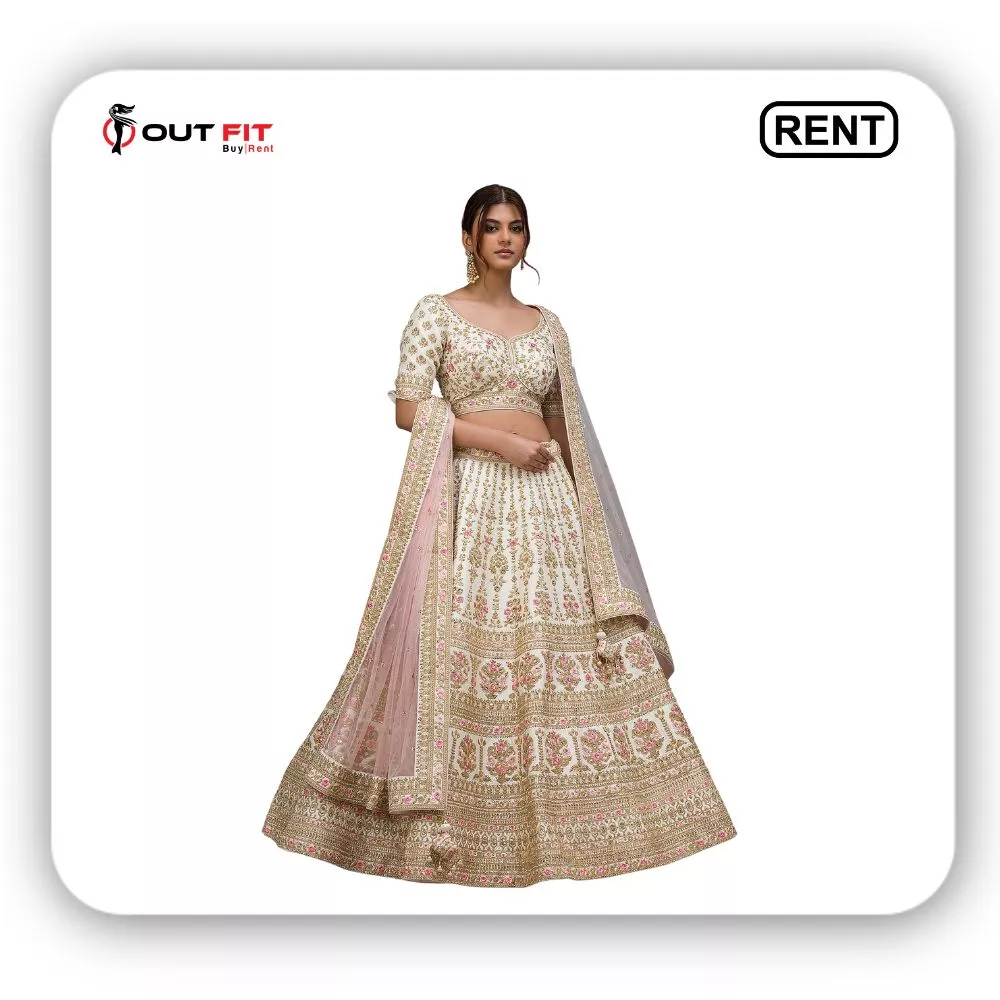 Cannoli Cream Sequins Embroidered Raw Silk Bridal Lehenga on Rent Cannoli Cream Sequins Embroidered Raw Silk Bridal Lehenga on Rent