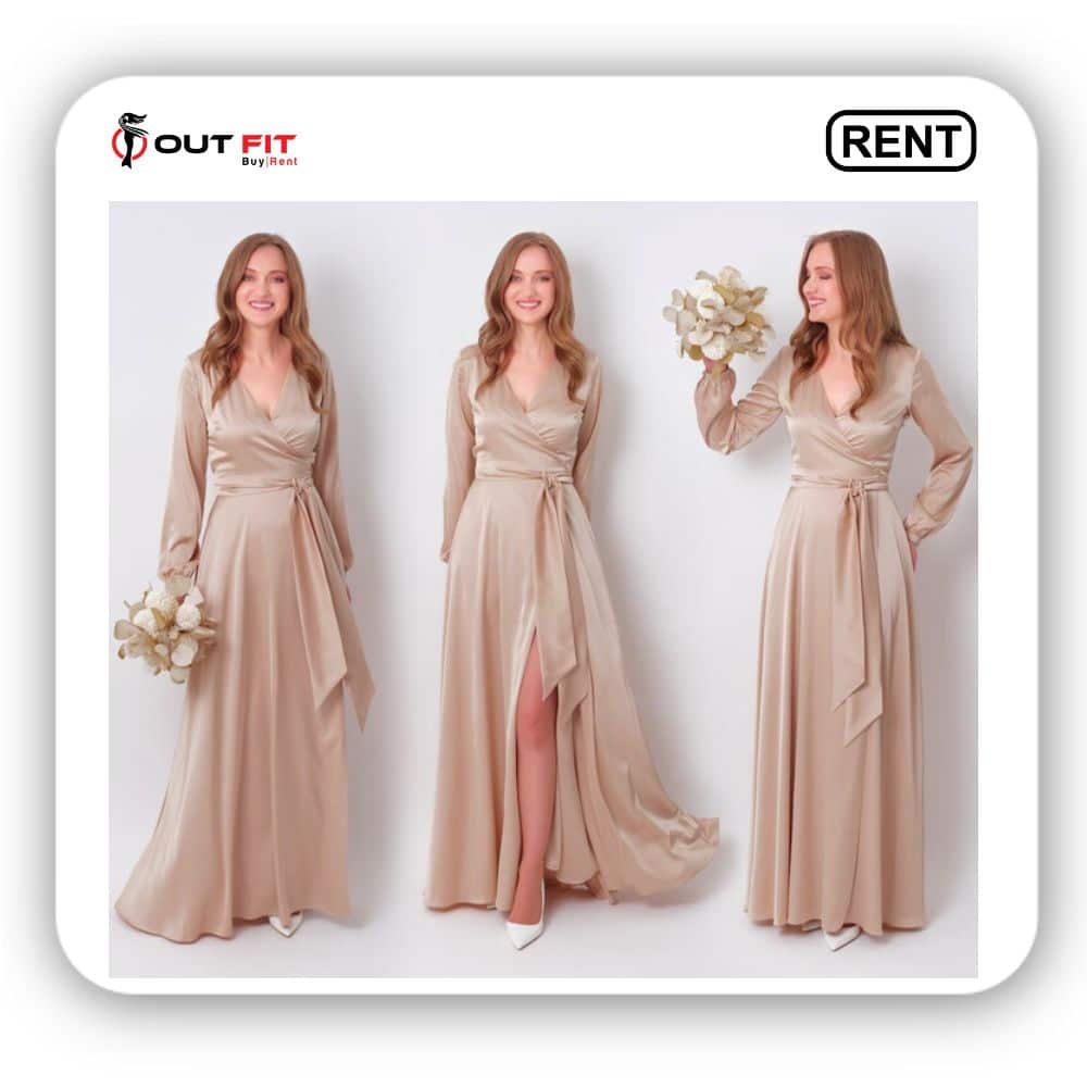 Champagne Beige Silk Wrap Bridesmaid Dress For Rent In Bangalore