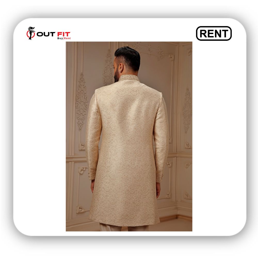 Cream Silk Mughal Bloom Pattern Sherwani Set for Men On Rent (2)