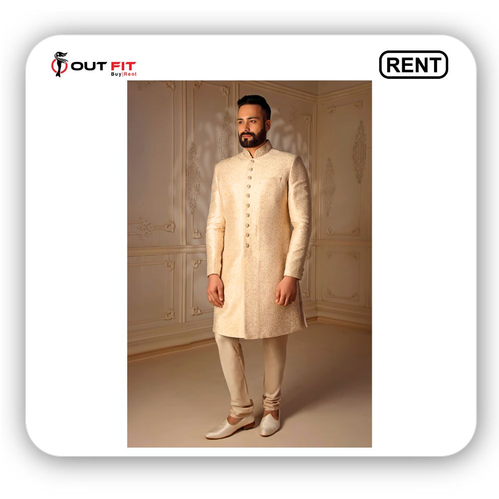 Cream Silk Mughal Bloom Pattern Sherwani Set for Men On Rent