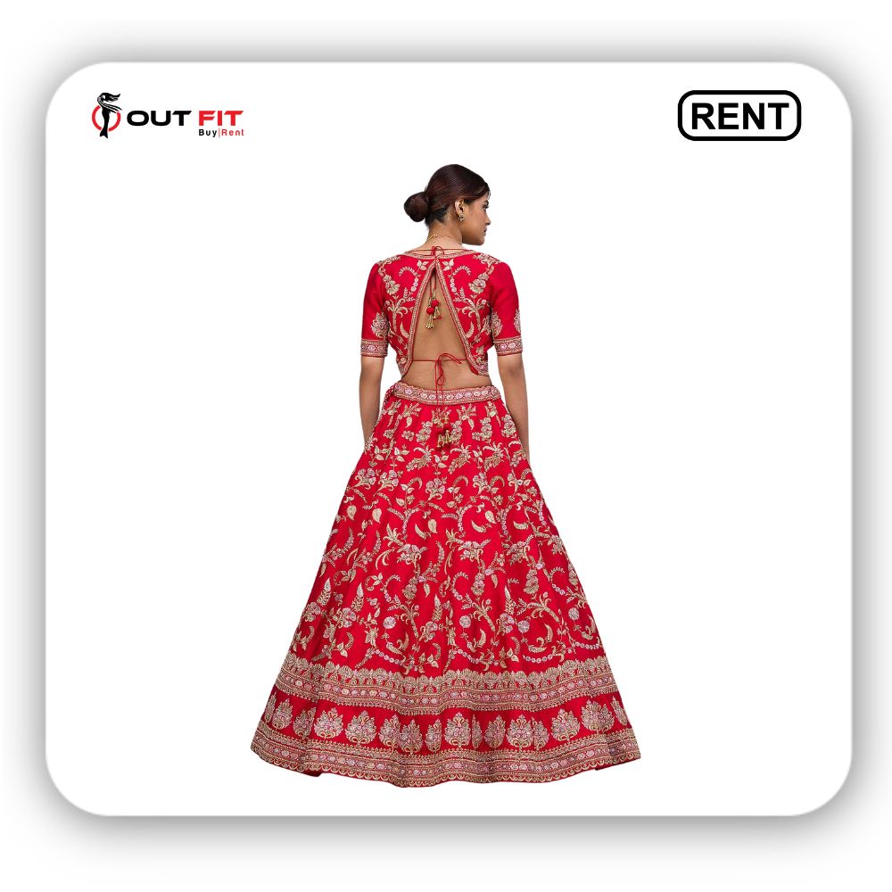 Crimson Red Embroidered Silk Bridal Lehenga For Rent in Bangalore (2)