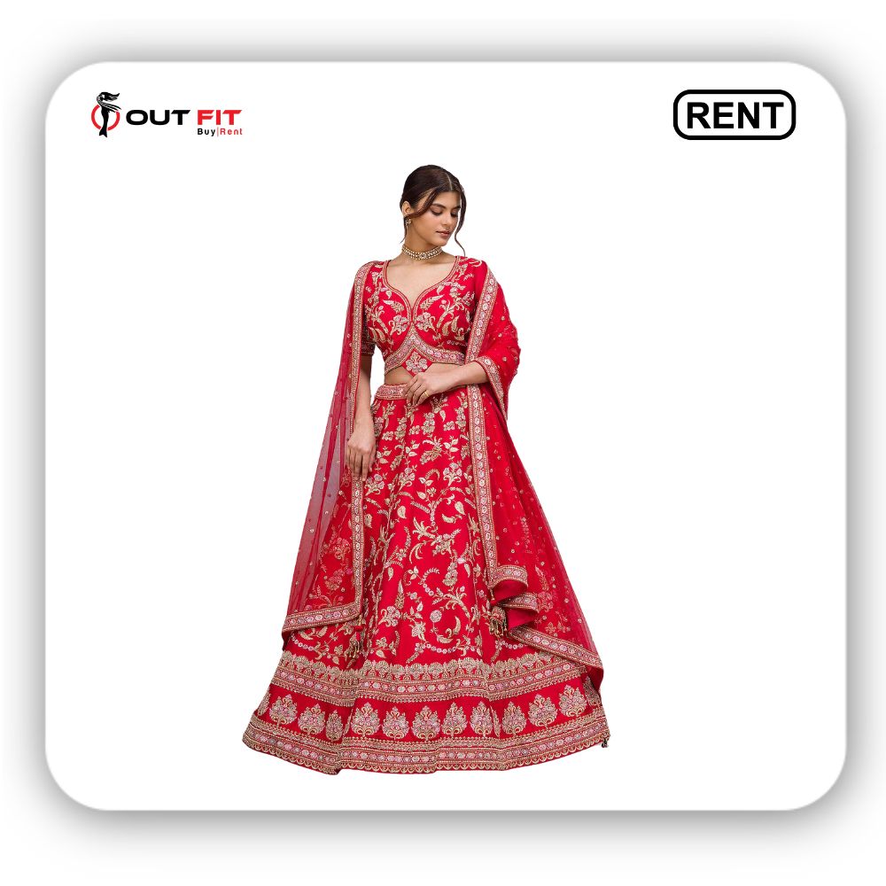 Crimson Red Embroidered Silk Bridal Lehenga For Rent in Bangalore (3)