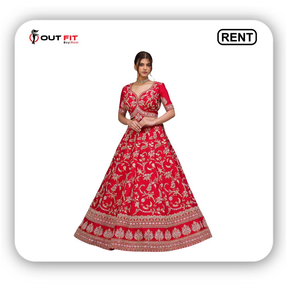 Crimson Red Embroidered Silk Bridal Lehenga For Rent in Bangalore