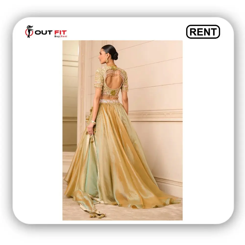 Gold Shot Organza Embroidered Floral Blouse Draped Bridal Skirt Set For Women On Rent (2)