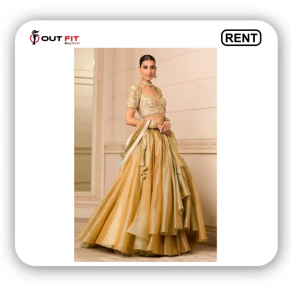 Gold Shot Organza Embroidered Floral Blouse Draped Bridal Skirt Set For Women On Rent (3)