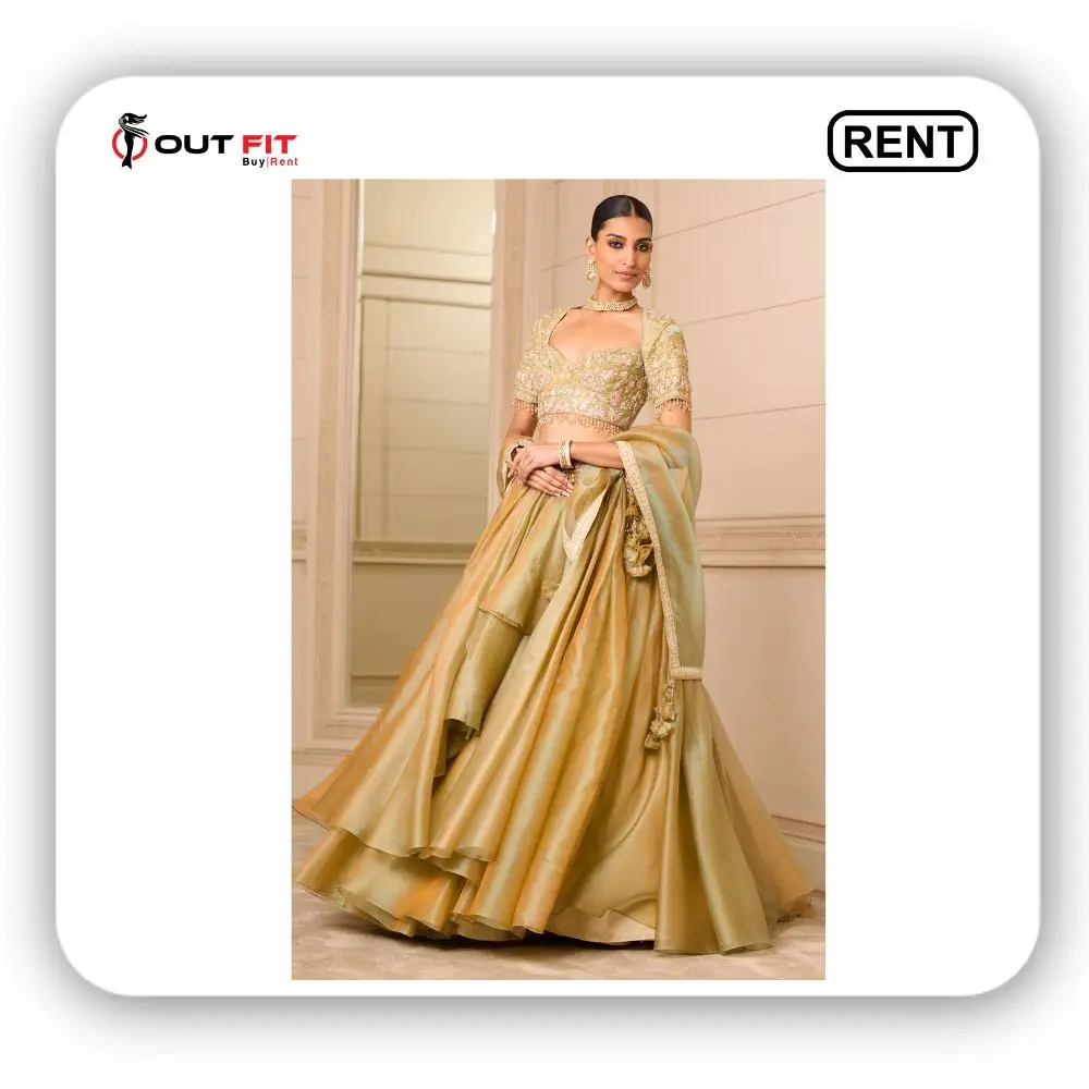 Gold Shot Organza Embroidered Floral Blouse Draped Bridal Skirt Set For Women On Rent