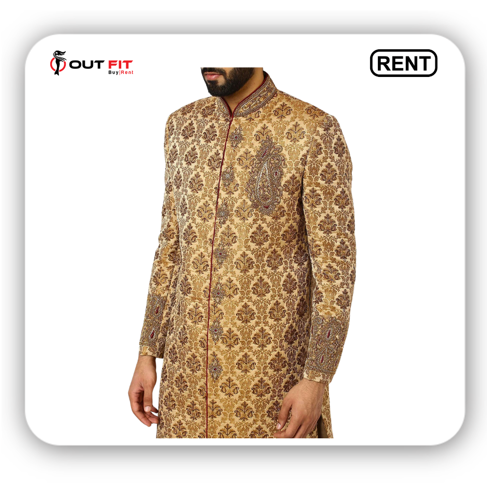 Golden & Maroon Sherwani Set Rental Bangalore For Wedding (3)