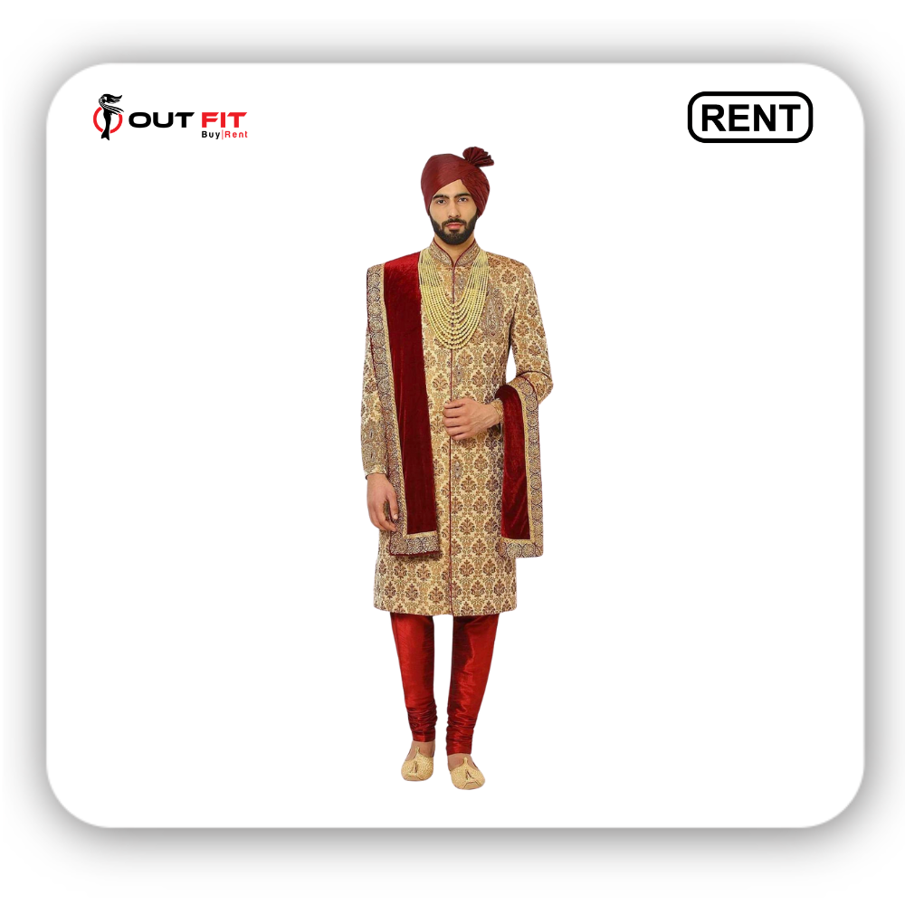 Golden and Maroon Sherwani Set Rental Bangalore For Wedding