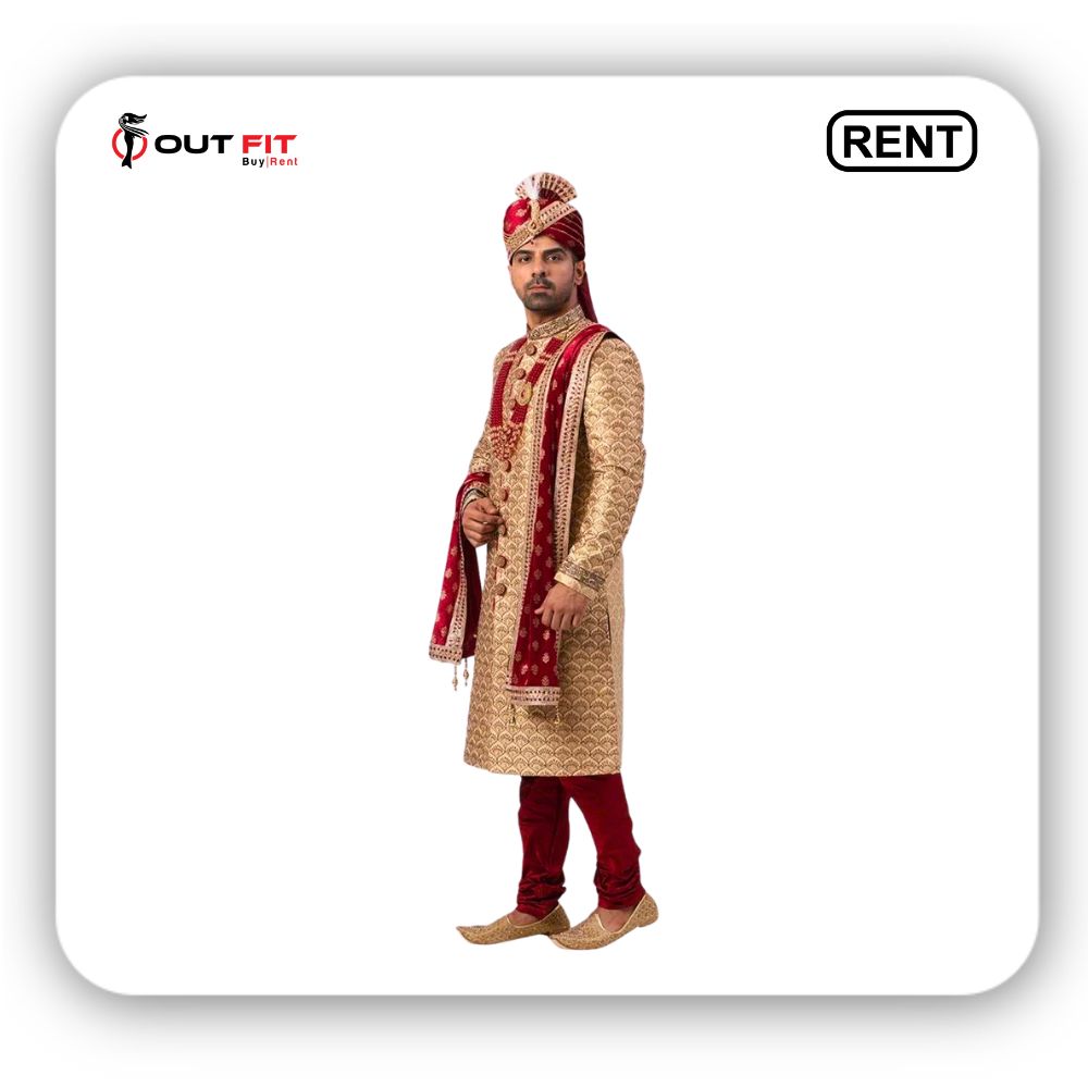 Golden and maroon Indian ethnic groom suit  on rent in Bangalore (2)