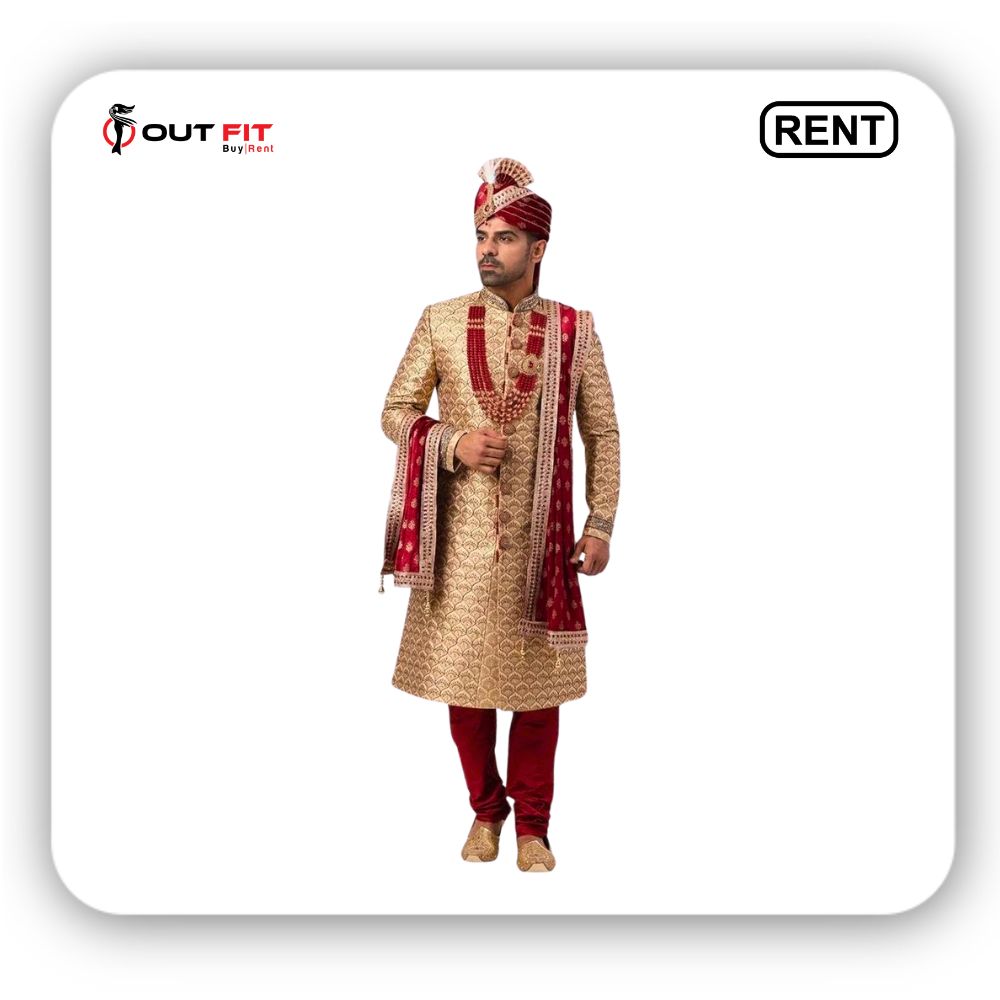 Golden and maroon Indian ethnic groom suit  on rent in Bangalore (3)