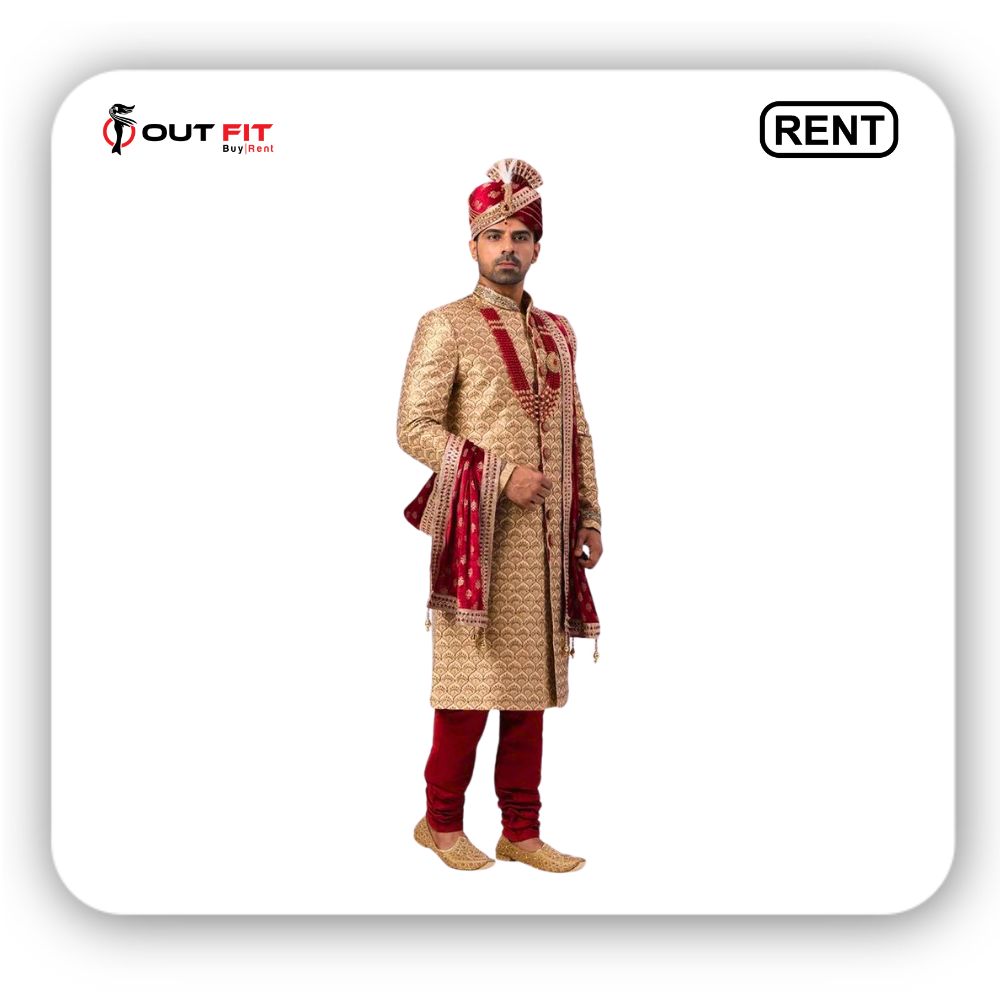 Golden and maroon Indian ethnic groom suit  on rent in Bangalore