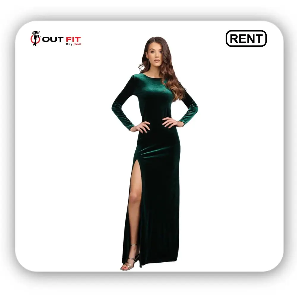 High Quality Dark Green Bridesmaid Velvet Dress On Rent (2)