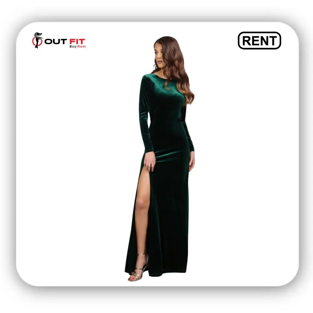 High Quality Dark Green Bridesmaid Velvet Dress On Rent (3)