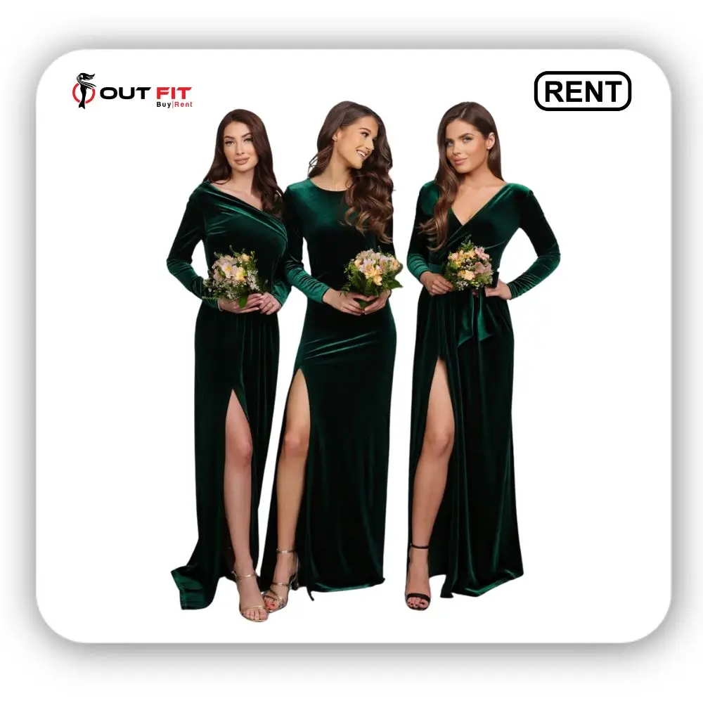 High Quality Dark Green Bridesmaid Velvet Dress On Rent