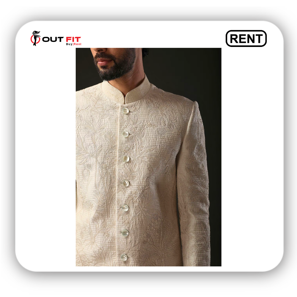 Ivory Chanderi Silk Embroidered Resham Sherwani For Men On Rent (2)