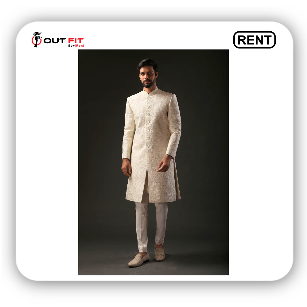 Ivory Chanderi Silk Embroidered Resham Sherwani For Men On Rent (3)