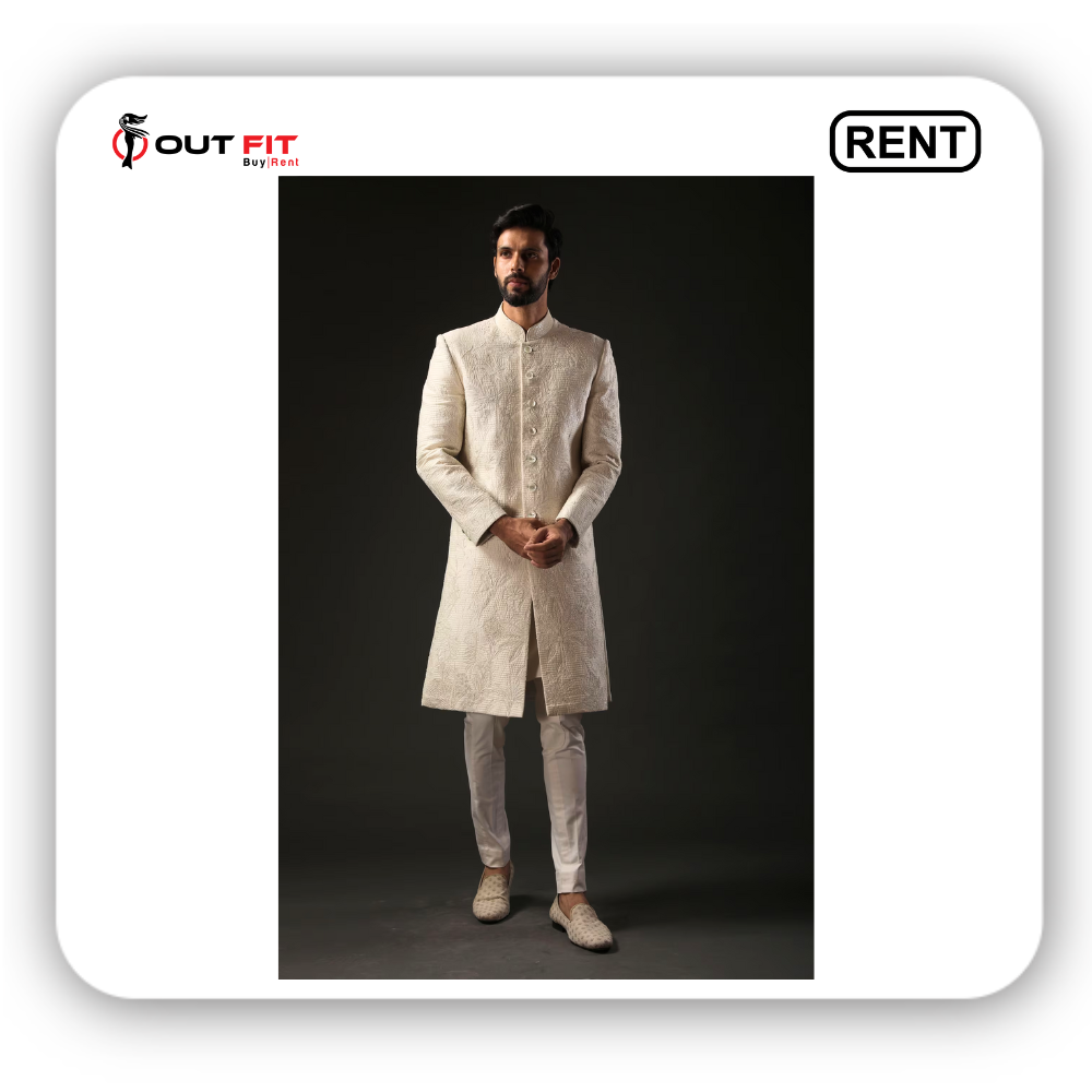 Ivory Chanderi Silk Embroidered Resham Sherwani For Men On Rent