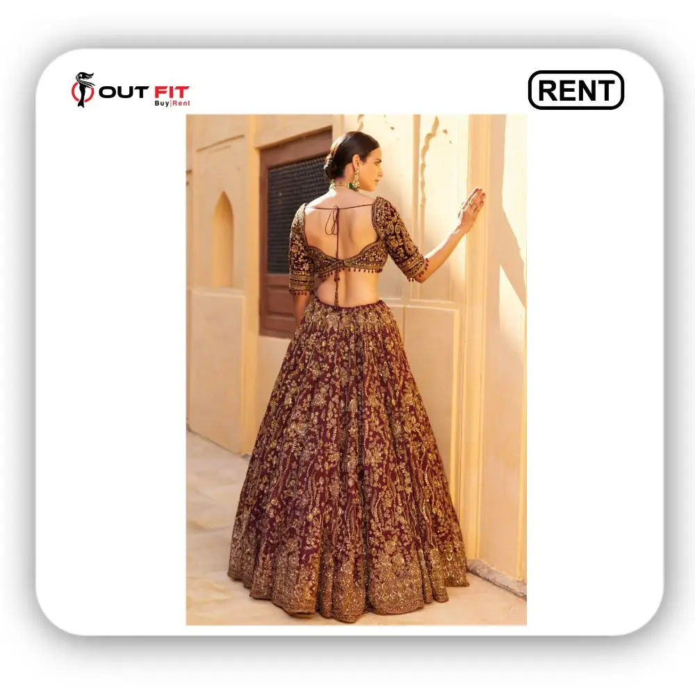 Maroon Lehenga and Blouse (Raw Silk Embroidery) Bridal Set for rent (2)