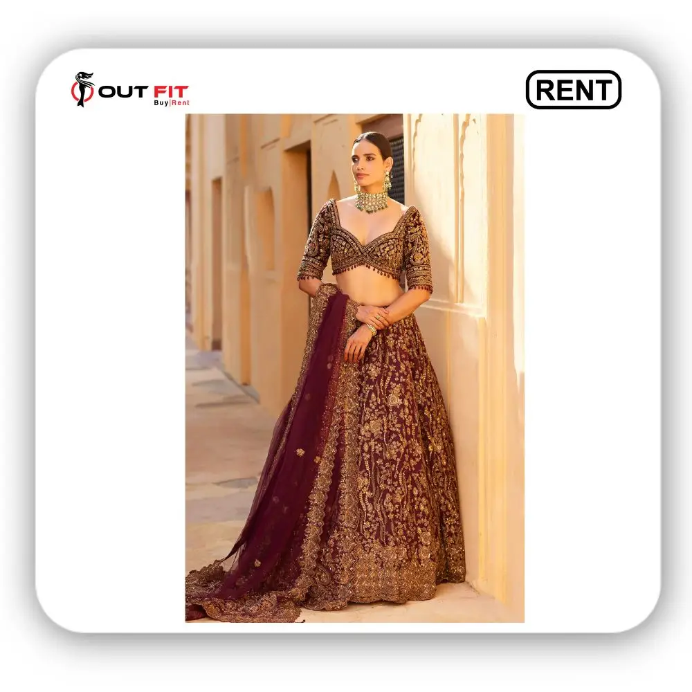 Maroon Lehenga and Blouse (Raw Silk Embroidery) Bridal Set for rent