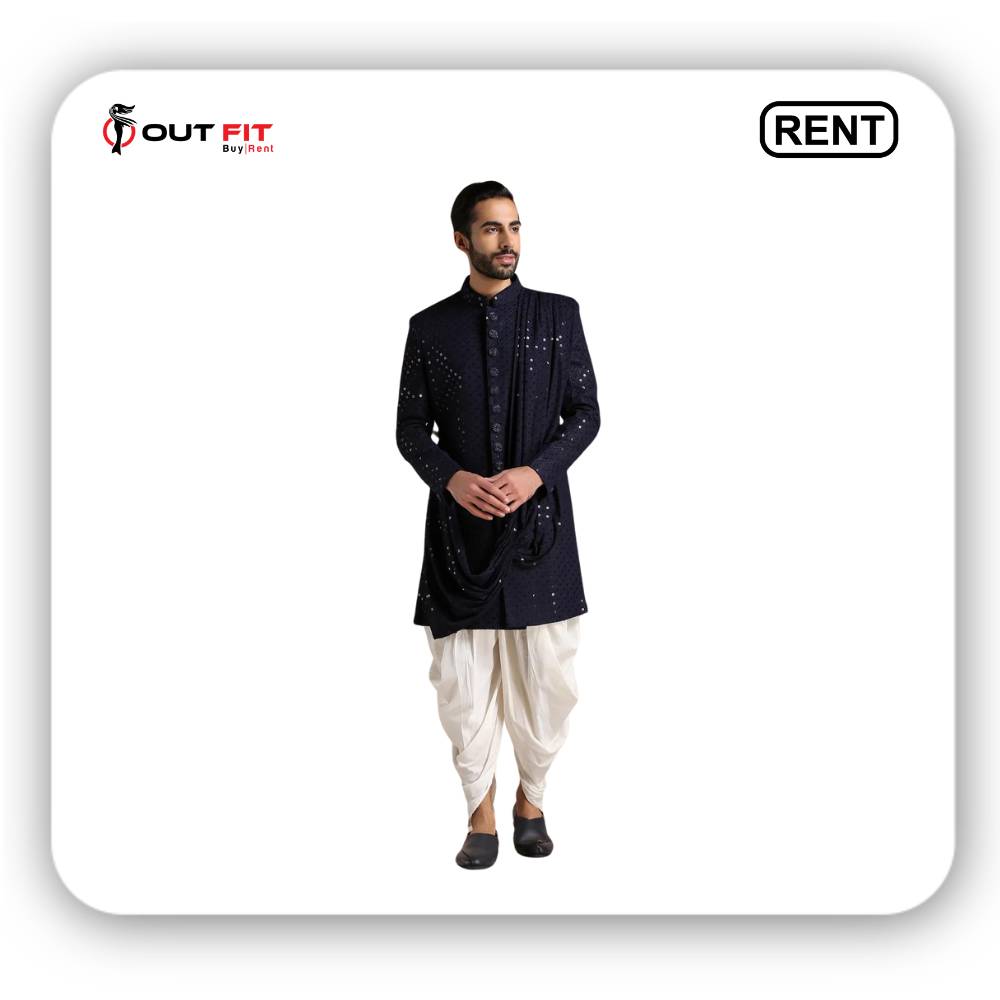 Navy Blue Sequined Chikankari Indo Western Set On Rent (2)