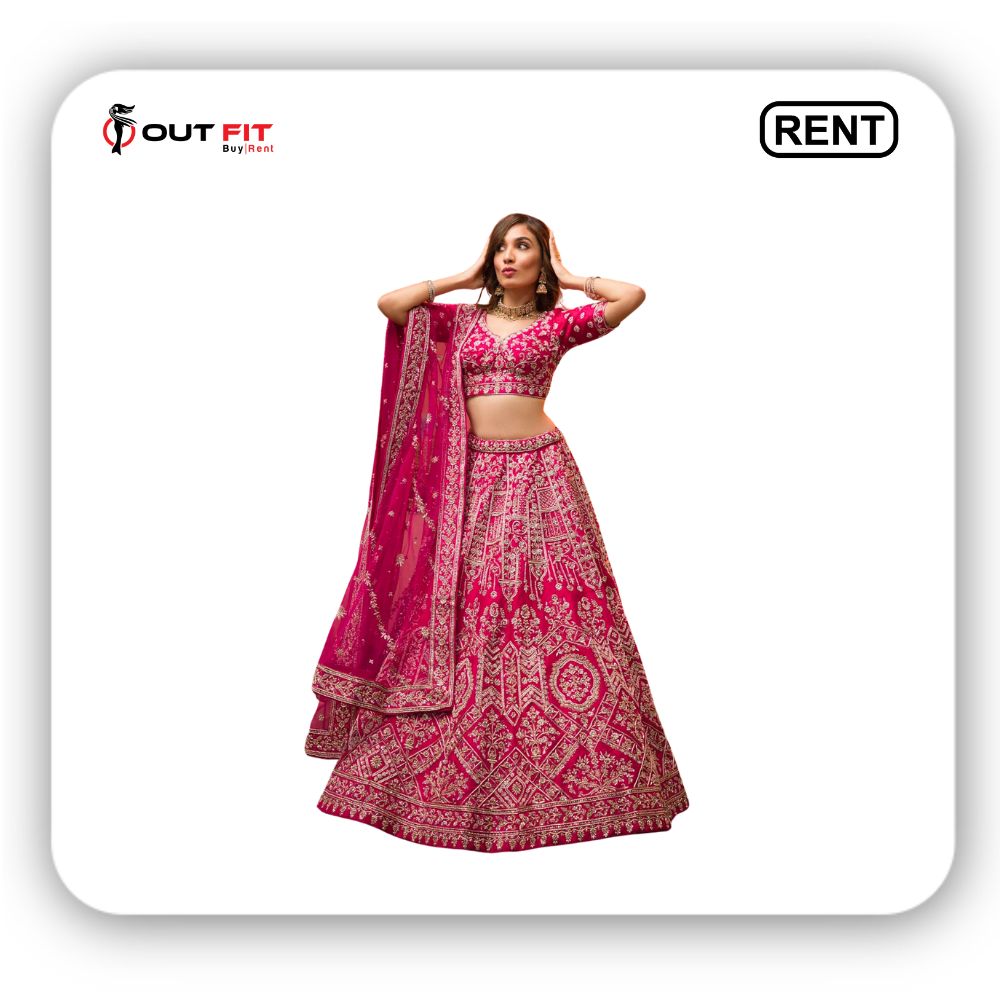 Rani Pink Zardosi Raw Silk Semi Stitched Lehenga On Rent (2)