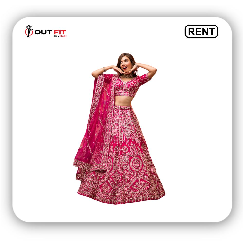 Rani Pink Zardosi Raw Silk Semi Stitched Lehenga On Rent (3)