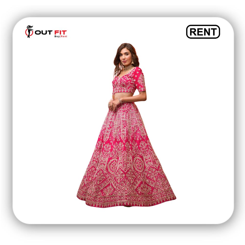 Rani Pink Zardosi Raw Silk Semi Stitched Lehenga On Rent