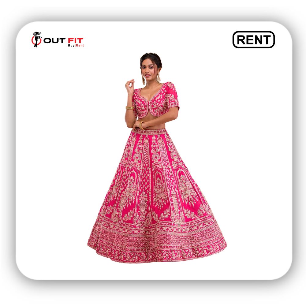 Rani Pink Zardosi Raw Silk Semi Stitched Lehenga on rent