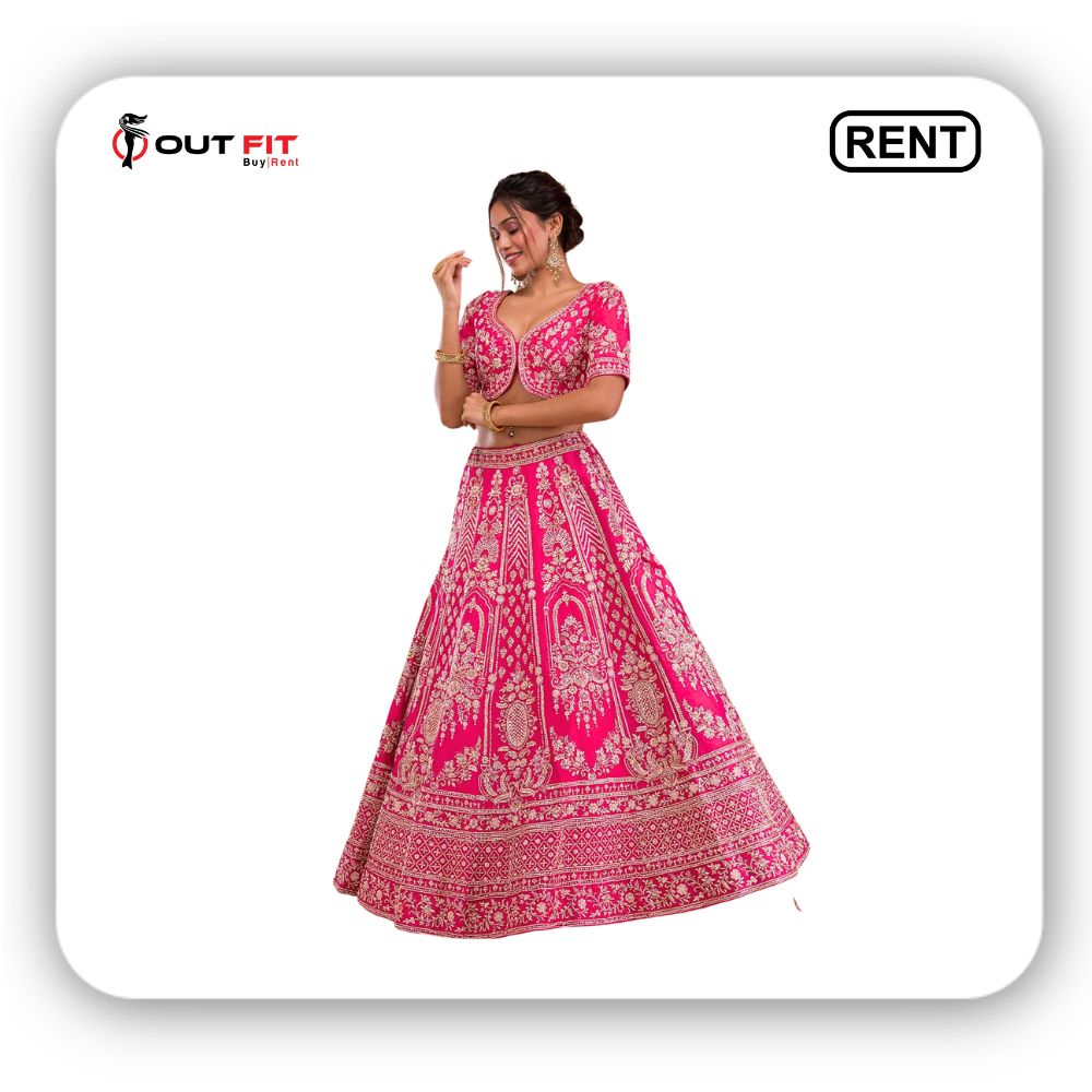 Rani Pink Zardosi Raw Silk Semi Stitched Lehenga on rent (2)